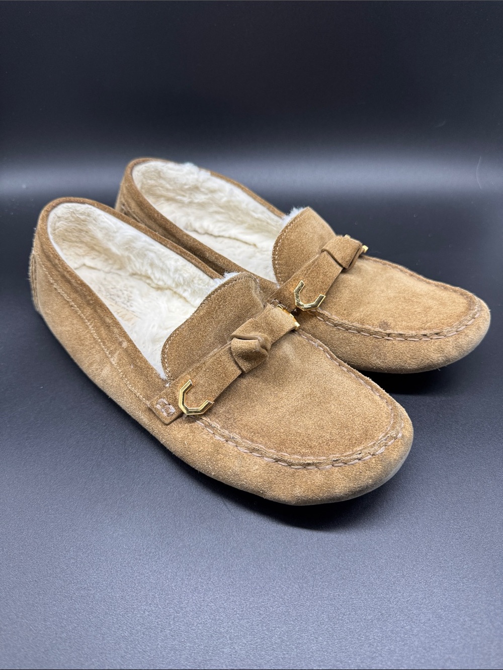 Cole Haan Tan Suede Slip-On Loafers with Faux Fur Lining Sz 9.5